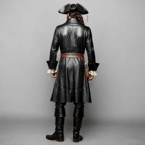 Front and back view of a men’s black pirate leather coat made from genuine lambskin, featuring flared cuffs, gold buttons, and a long tailored cut. Styled with a tricorn hat and period-appropriate accessories for cosplay, Halloween, or Renaissance fair use. The coat is the only item included, shown under neutral studio lighting with a clean gray background.