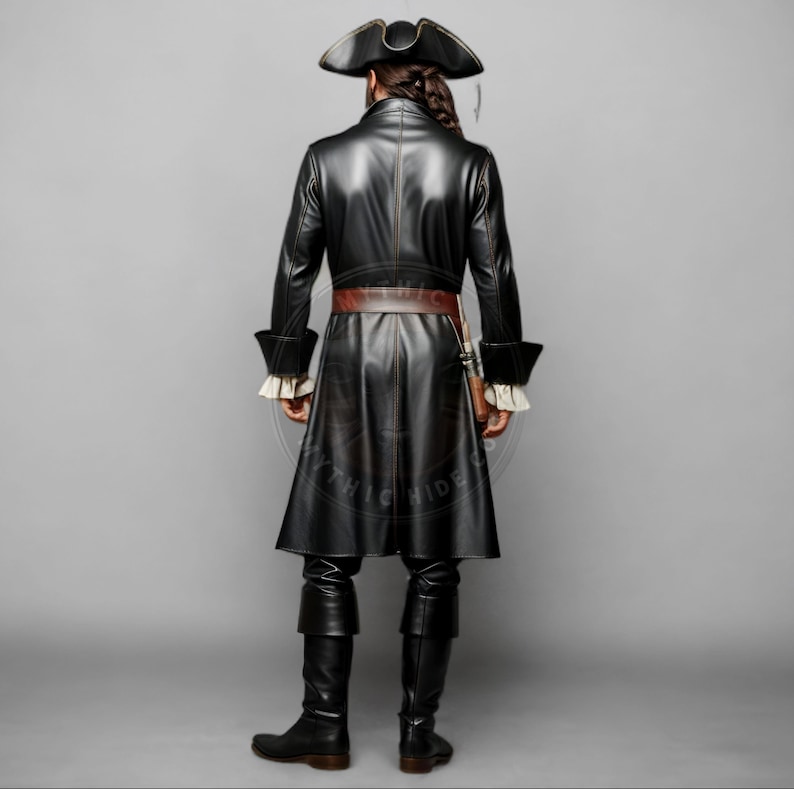 Front and back view of a men’s black pirate leather coat made from genuine lambskin, featuring flared cuffs, gold buttons, and a long tailored cut. Styled with a tricorn hat and period-appropriate accessories for cosplay, Halloween, or Renaissance fair use. The coat is the only item included, shown under neutral studio lighting with a clean gray background.
