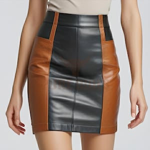 Women’s Two-Tone Leather Mini Skirt – High-Waisted Black and Brown Genuine Leather Bodycon Skirt – Handmade Western Cowgirl Skirt