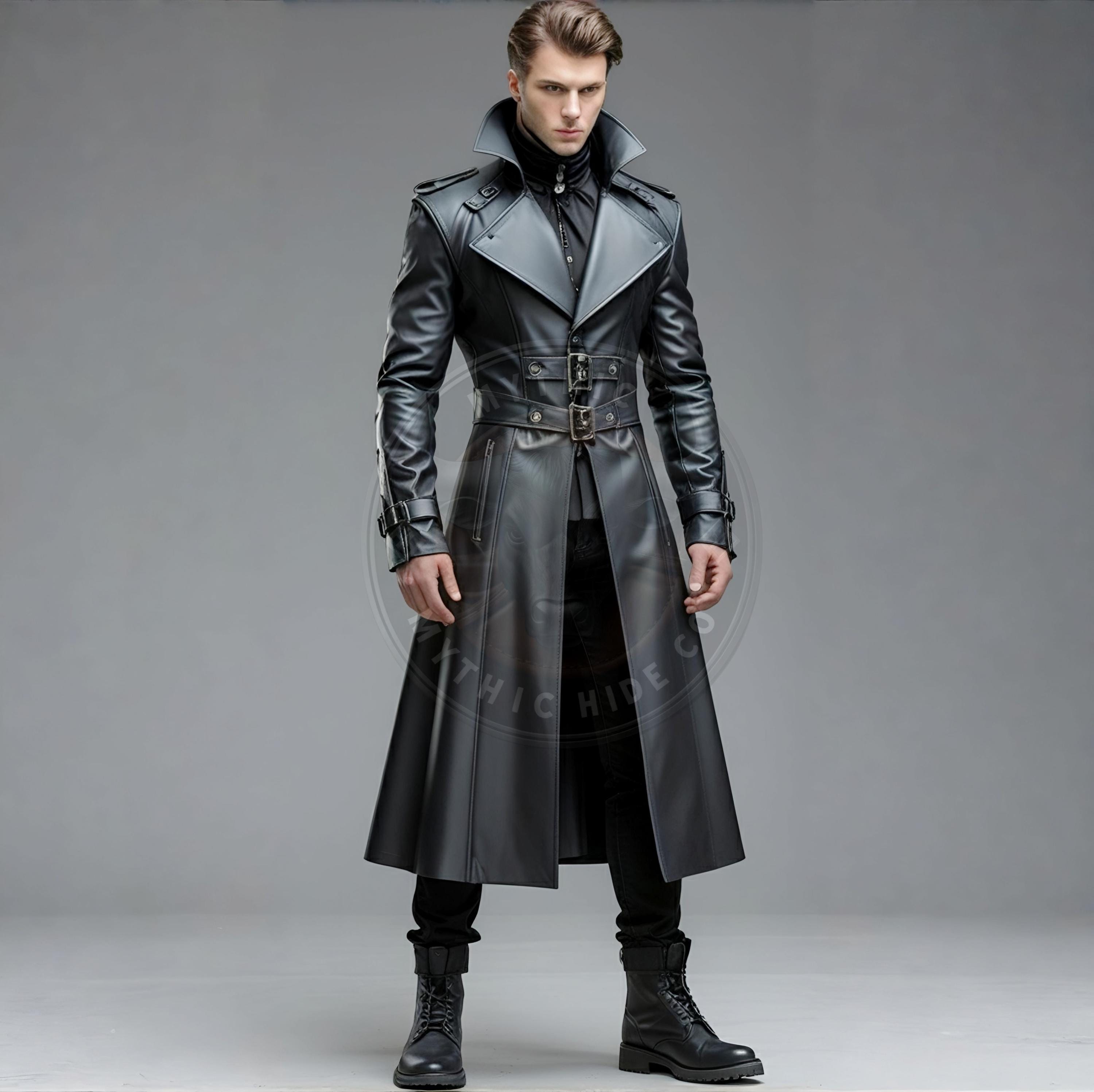 Handmade Cow Leather Gothic Trench Coat: Steampunk Duster Jacket