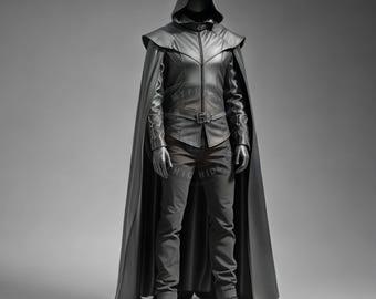 Svart läderhuvad rustning kostym: Gotisk medeltida mantel, handgjord cosplayrock