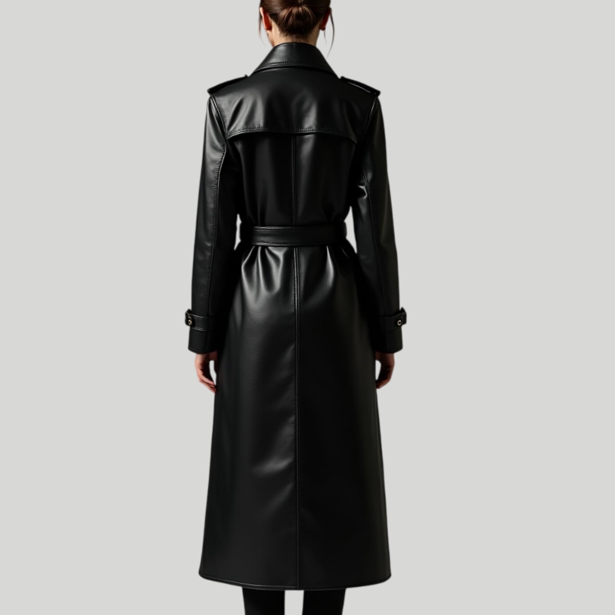 レディース本革ブラックトレンチコート - ロングベルト付きダブル