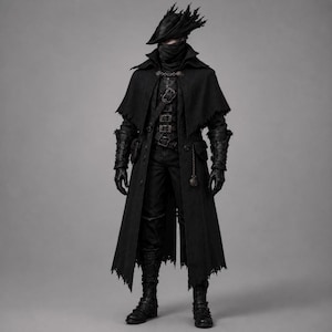 May include: A full-length black coat with a tattered hem, worn over a vest with multiple buckles. The outfit includes a wide-brimmed hat with frayed edges, a face-covering scarf, leather gloves, tall boots, and a metal chain hanging from the pocket.