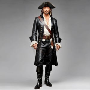 Front and back view of a men’s black pirate leather coat made from genuine lambskin, featuring flared cuffs, gold buttons, and a long tailored cut. Styled with a tricorn hat and period-appropriate accessories for cosplay, Halloween, or Renaissance fair use. The coat is the only item included, shown under neutral studio lighting with a clean gray background.