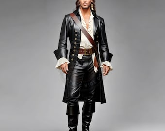 Men's Black Leather Pirate Coat: Renaissance Cosplay Jacket