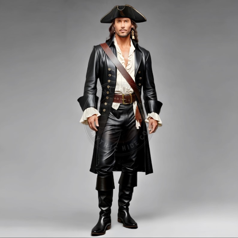 Front and back view of a men’s black pirate leather coat made from genuine lambskin, featuring flared cuffs, gold buttons, and a long tailored cut. Styled with a tricorn hat and period-appropriate accessories for cosplay, Halloween, or Renaissance fair use. The coat is the only item included, shown under neutral studio lighting with a clean gray background.