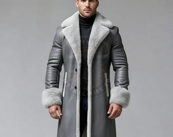 Men's Grey Genuine Leather Trench Coat: Fur Collar Winter Overcoat
