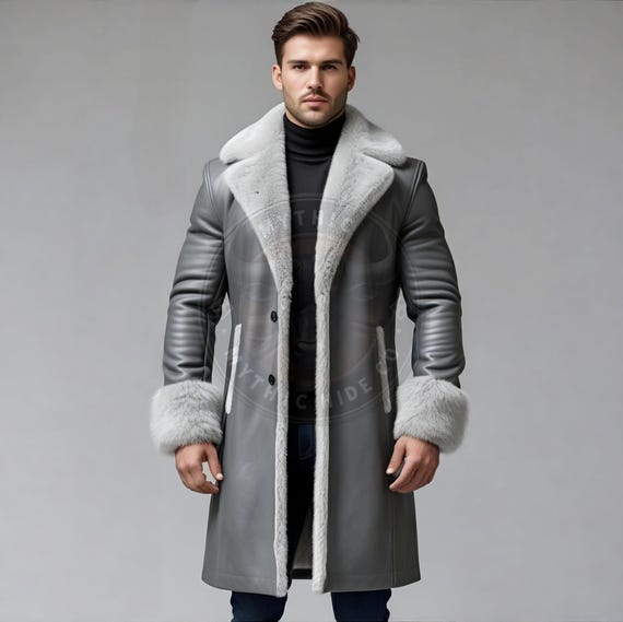 Men's Grey Genuine Leather Trench Coat: Fur Collar Winter Overcoat