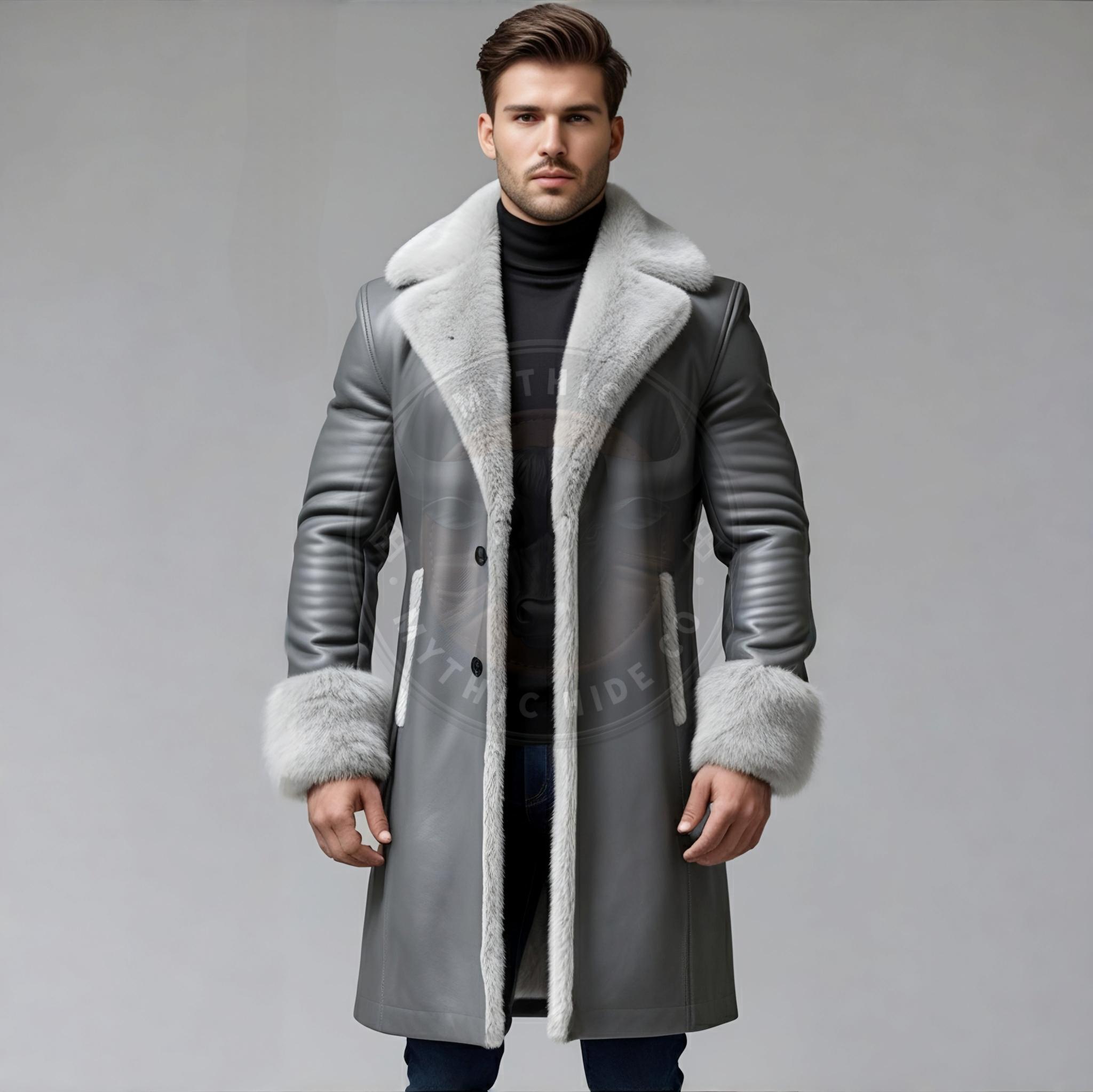 Men's Grey Genuine Leather Trench Coat: Fur Collar Winter Overcoat