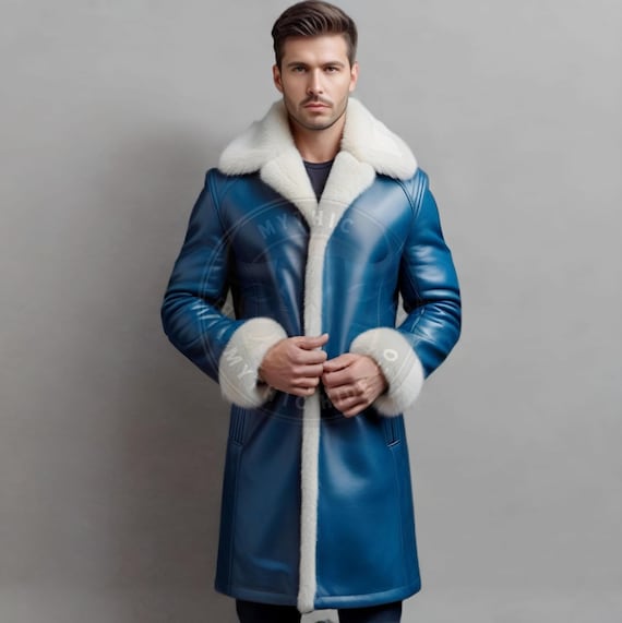 Herren Lammfell Ledermantel Blau: Handgefertigter Wintermantel aus