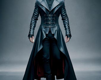 Men's Real Leather Gothic Trench Coat: Handmade Steampunk Vampire Jacket