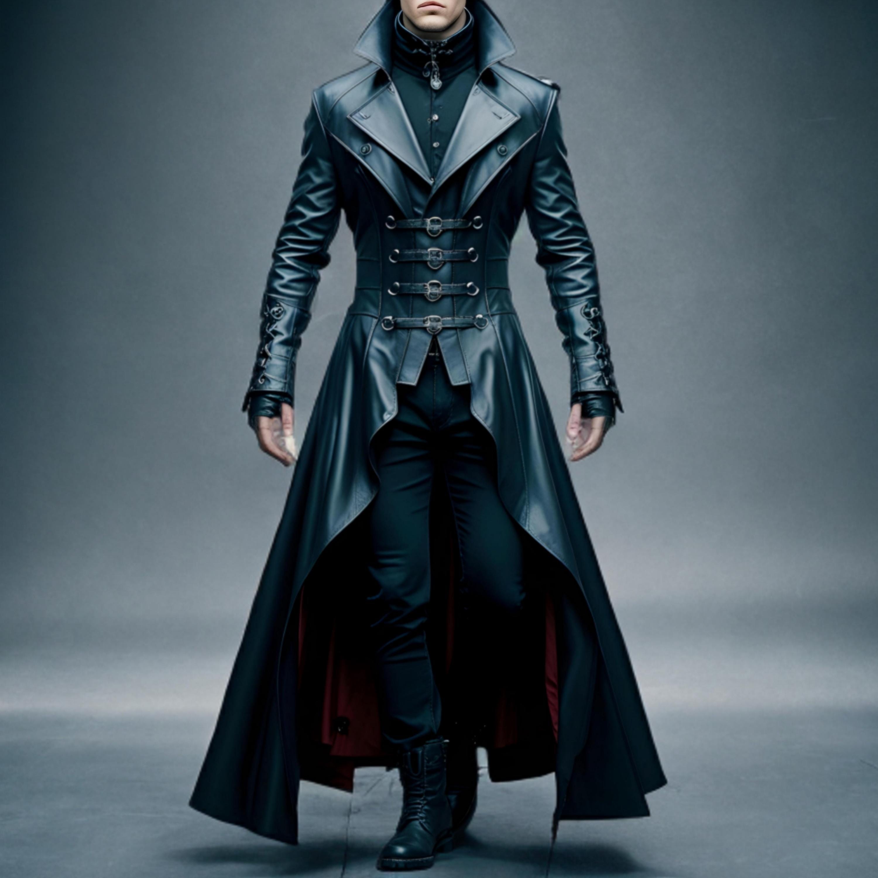 Men's Real Leather Gothic Trench Coat: Handmade Steampunk Vampire