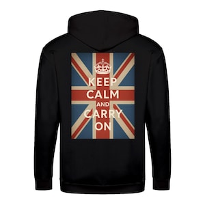 Sudadera con cremallera «Keep Calm and Carry On» (Estampado de la Union Jack) – Ropa urbana retro satírica