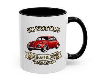 50th birthday gift – vintage car mug, year of manufacture 1976, featuring a red iconic small car, "I'm Not Old I'm Classic"