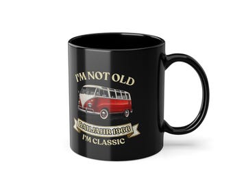 60th birthday gift – vintage black mug, manufactured in 1966, featuring a red and white iconic bus, "I'm Not Old I'm Classic"