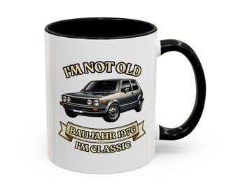50th birthday gift – vintage car mug, year of manufacture 1976, featuring a classic compact car, "I'm Not Old I'm Classic"