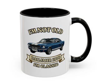 50th birthday gift – vintage car mug, year of manufacture 1976, with blue muscle car, I'm Not Old I'm Classic