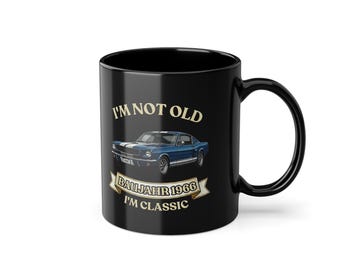 60th Birthday Gift – Vintage Black Mug, Year of Manufacture 1966 with Blue Muscle Car, I'm Not Old I'm Classic