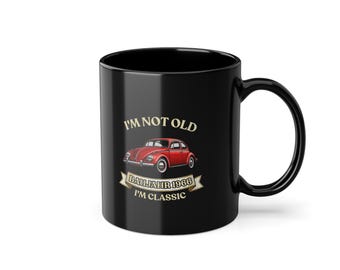 60th birthday gift – vintage car mug, black, manufactured in 1966, with a red iconic small car, "I'm Not Old I'm Classic"