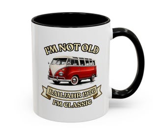50th birthday gift – vintage mug from 1976 with a red and white iconic bus, "I'm Not Old I'm Classic"