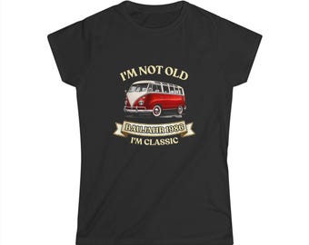 40th Birthday Gift for Women – Vintage Car Women's T-Shirt, Year of Manufacture 1986, with Red and White Iconic Bus, I'm Not Old I'm Classic