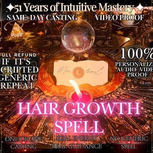 Könnte beinhalten: Ein Bild mit einer Kristallkugel, Tarotkarten und einer brennenden Kerze. Der Text enthält "51 Years of Intuitive Mastery", "Hair Growth Spell" und "Same-Day Casting". Das Bild deutet auf einen spirituellen oder metaphysischen Dienst hin.