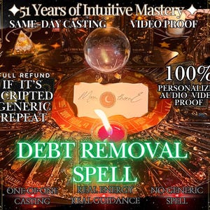 May include: An image featuring a crystal ball, lit candles, and tarot cards. Text includes "51 Years of Intuitive Mastery", "Debt Removal Spell", and "Full Refund". The scene is set with mystical elements, suggesting a spiritual or fortune-telling theme.