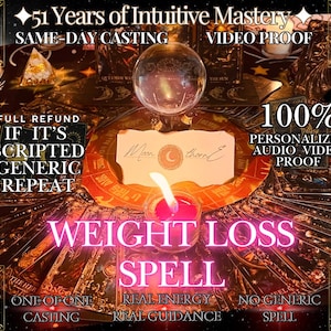Peut inclure: Image avec une boule de cristal, une bougie allumée et des cartes de tarot. Le texte comprend "51 Years of Intuitive Mastery", "Weight Loss Spell" et "Full Refund". La scène évoque le mysticisme et la divination.