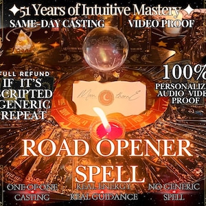 Puede incluir: Imagen con texto que dice "51 años de dominio intuitivo" y "Hechizo abridor de caminos". La imagen presenta una bola de cristal, una vela encendida, cartas del tarot y otros elementos místicos. El texto también incluye "Casting el mismo día" y "Prueba de video".