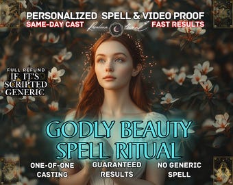 Puede incluir: Anuncio de un "Ritual de Hechizo de Belleza Divina" con una mujer pelirroja y una corona floral. El texto incluye "Hechizo Personalizado y Prueba en Video", "Lanzamiento el Mismo Día" y "Resultados Rápidos".