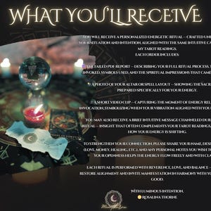 May include: A promotional image for a personalized energetic ritual. The image features a crystal ball, lit candles, and tarot cards. Text on the image reads "WHAT YOU'LL RECEIVE" and details of the ritual, including a PDF report, photo, and video clip.