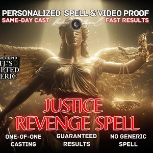 May include: A digital graphic featuring a golden statue of Lady Justice with scales and a sword, wings, and the text "JUSTICE REVENGE SPELL." Additional text includes "PERSONALIZED SPELL & VIDEO PROOF" and "SAME-DAY CAST."