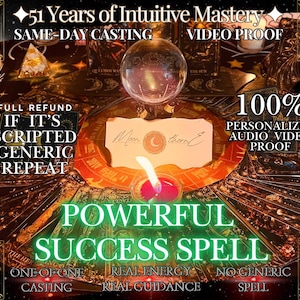 Puede incluir: Imagen con una bola de cristal, una vela encendida y cartas del tarot. El texto incluye "51 años de maestría intuitiva", "Lanzamiento el mismo día" y "Hechizo de éxito poderoso". Tema místico.