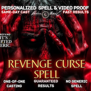 Puede incluir: Imagen retocada digitalmente con una combinación de colores rojo y negro. El texto dice "REVENGE CURSE SPELL" y "PERSONALIZED SPELL & VIDEO PROOF". El texto adicional incluye "SAME-DAY CAST", "FAST RESULTS", "FULL REFUND IF IT'S SCRIPTED GENERIC", "ONE-OF-ONE CASTING", "GUARANTEED RESULTS" y "NO GENERIC SPELL".
