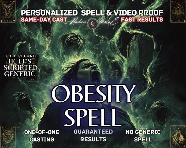 May include: A digital art image with a dark, mystical theme. The central focus is the text "OBESITY SPELL" in large white letters. The image includes additional text such as "PERSONALIZED SPELL & VIDEO PROOF" and "GUARANTEED RESULTS". The background features a person screaming and ghostly figures.