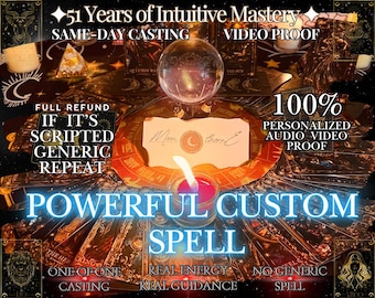 May include: An image featuring a crystal ball, lit candle, and tarot cards. Text includes "51 Years of Intuitive Mastery", "Same-Day Casting", and "Powerful Custom Spell". The image has a mystical and spiritual theme.
