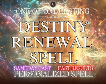 Può includere: Immagine con le parole "DESTINY RENEWAL SPELL" in grandi lettere bianche. Lo sfondo presenta un design celeste con il testo "ONE-OF-ONE CASTING", "SAMEDAY CAST", "FAST RESULTS" e "PERSONALIZED SPELL".