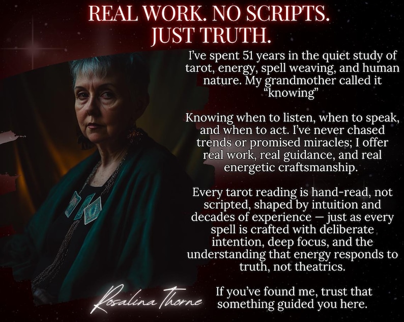 May include: An image featuring a woman with short gray hair, wearing a dark green shawl and a necklace with pendant. Text at the top reads "REAL WORK. NO SCRIPTS. JUST TRUTH." The image includes text about tarot readings and energetic craftsmanship.