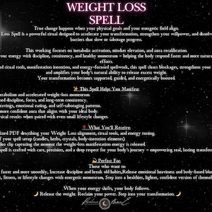 May include: A digital image with a dark background and text that reads "WEIGHT LOSS SPELL." The text describes a ritual designed to accelerate transformation and dissolve energetic barriers. It lists benefits like boosted metabolism and reduced cravings.