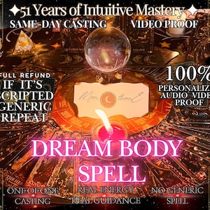 May include: An image featuring a crystal ball, candles, and tarot cards. Text includes "51 Years of Intuitive Mastery," "Dream Body Spell," and "Full Refund." The scene is illuminated with warm, inviting light, suggesting a mystical theme.