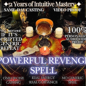 Könnte beinhalten: Ein Bild mit einer Kristallkugel, Kerzen und Tarotkarten. Der Text überlagert das Bild und lautet "Powerful Revenge Spell" und "51 Years of Intuitive Mastery." Die Szene ist dunkel und mystisch, was auf Spiritualität und Wahrsagerei hindeutet.