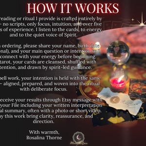 May include: An image with text that reads "HOW IT WORKS" and describes the process of readings and rituals. The image includes a lit candle, a crystal ball, and a tarot card.