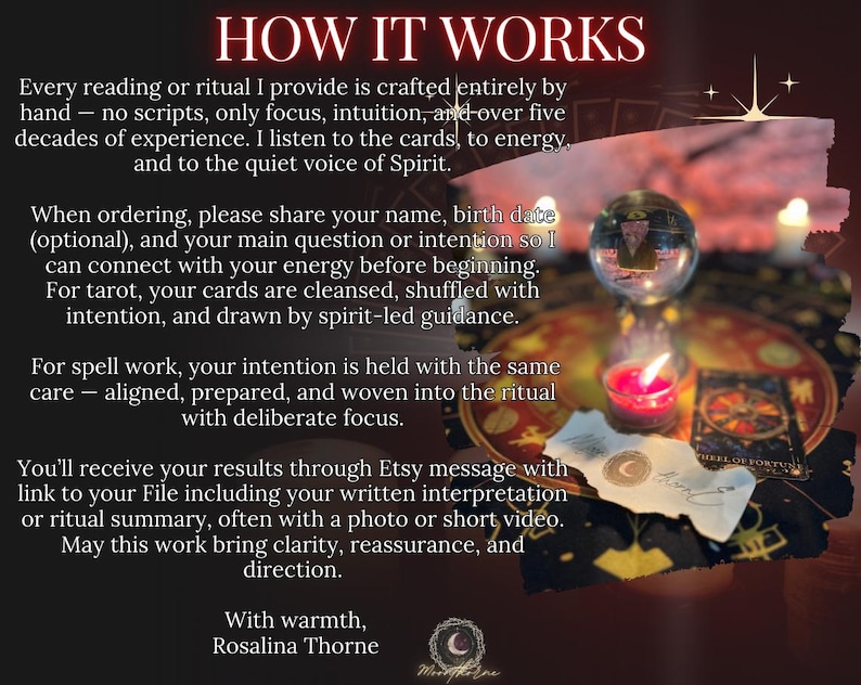 May include: An image with text that reads "HOW IT WORKS" and describes the process of readings and rituals. The image includes a lit candle, a crystal ball, and a tarot card.