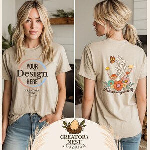 Bella Canvas 3001 Tan Tshirt Front & Back Mockup | BC 3001 Tan Beige Shirt Front Back View Mock-up | Dual View Real Model Mock | Free Design