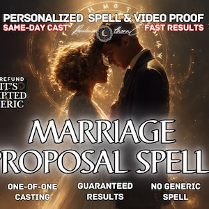 Può includere: Un'immagine che promuove un incantesimo di proposta di matrimonio. L'immagine mostra una coppia che si abbraccia, con la scritta "Incantesimo di proposta di matrimonio". Il testo aggiuntivo include "Incantesimo personalizzato e prova video", "Lancio in giornata" e "Risultati garantiti".