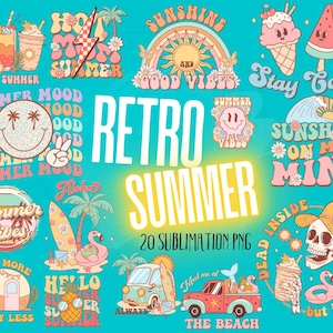 Retro Groovy Sommer Clipart 20 PNG Strand Clip Art Hippie 70s Sommer Urlaub Sublimation Disco Flamingo Meer Süße Kawaii Früchte png Instant