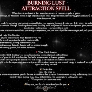 May include: A digital graphic with the text "BURNING LUST ATTRACTION SPELL" in red. The text describes a passion ritual, including a personalized PDF, altar photo, and video clip. The background is a starry night.