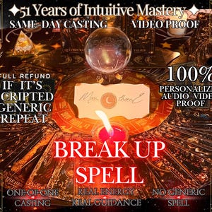 Puede incluir: Imagen con una bola de cristal, cartas del tarot y una vela encendida. El texto incluye "51 Years of Intuitive Mastery", "Break Up Spell" y "Full Refund". La imagen sugiere un servicio espiritual o místico.