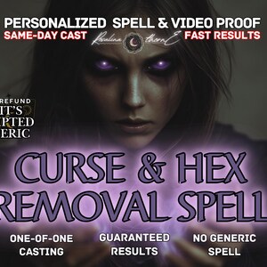 May include: A digital graphic featuring a person with glowing purple eyes and hands emitting a purple light. Text reads: PERSONALIZED SPELL & VIDEO PROOF, SAME-DAY CAST, FAST RESULTS, FULL REFUND IF IT'S SCRIPTED GENERIC, CURSE & HEX REMOVAL SPELL.