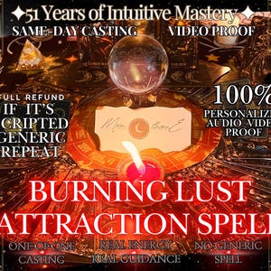 May include: An image featuring a crystal ball, lit candle, and tarot cards. Text includes "Burning Lust Attraction Spell," "51 Years of Intuitive Mastery," and "Same-Day Casting." The image has a mystical, spiritual theme with a focus on divination.